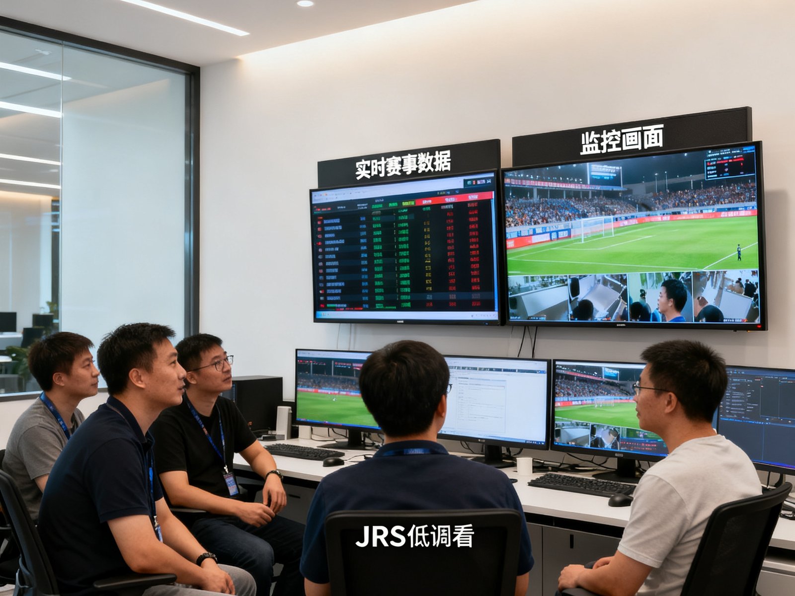 JRS低调看技术团队在现代化办公室内讨论直播平台优化方案，多块屏幕显示实时赛事数据和监控画面