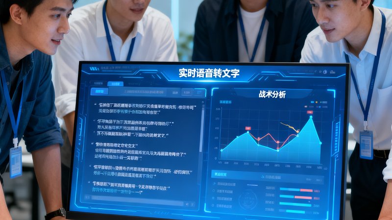 技术团队展示AI智能解说系统界面，屏幕上显示实时语音转文字和战术分析