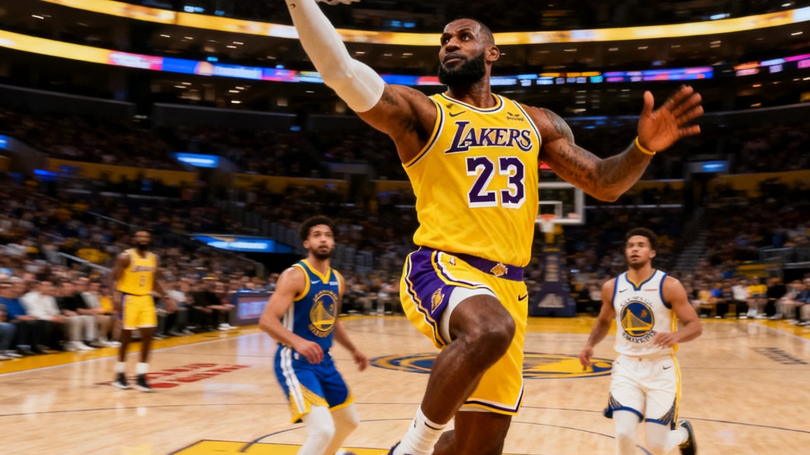 NBA常规赛洛杉矶湖人对阵金州勇士全场集锦，詹姆斯突破上篮特写画面