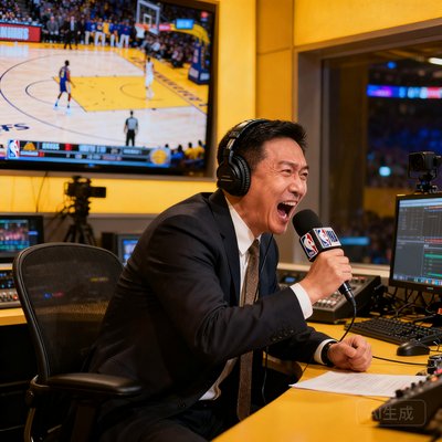 资深NBA解说员老张，戴着耳机在直播间内激情解说比赛