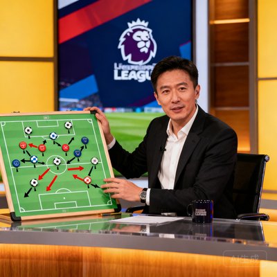 足球解说员阿杰在演播室内分析英超战术布局，面前摆放着战术板
