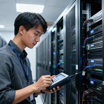 技术总监小凯在服务器机房内检查流媒体分发系统的运行状态