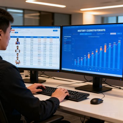 数据分析师大孟在双屏工作站前处理球员数据和历史交锋记录